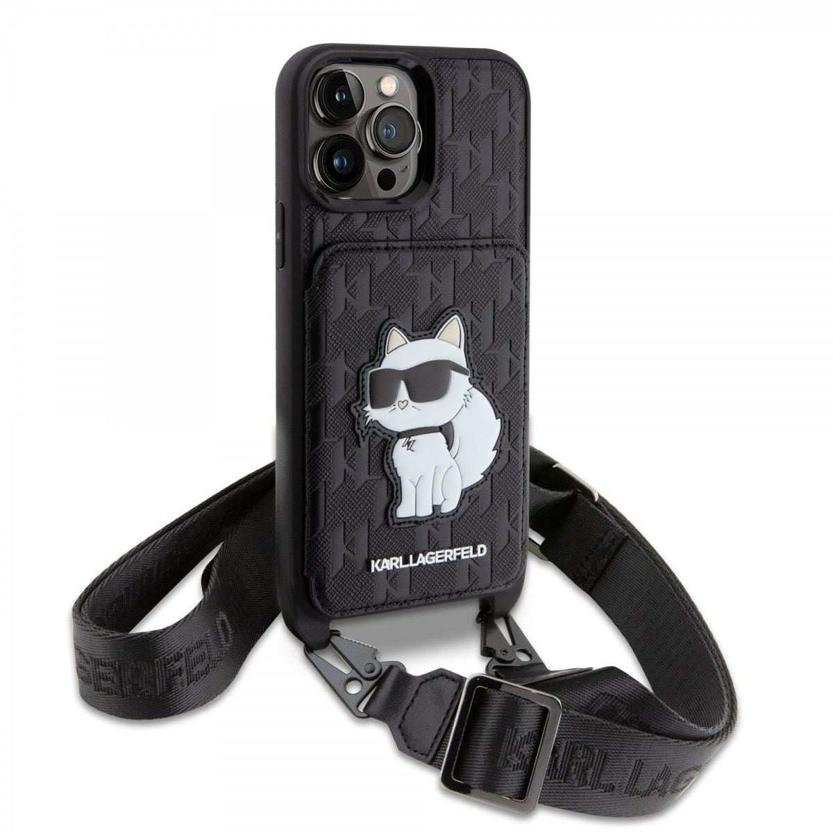 Karl Lagerfeld Saffiano Monogram Crossbody Choupette NFT Kryt pro iPhone 14 Pro Max Black - Зображення 3